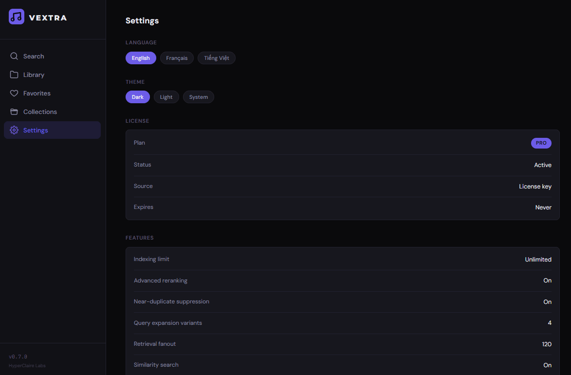 Settings panel showing Pro license and feature configuration